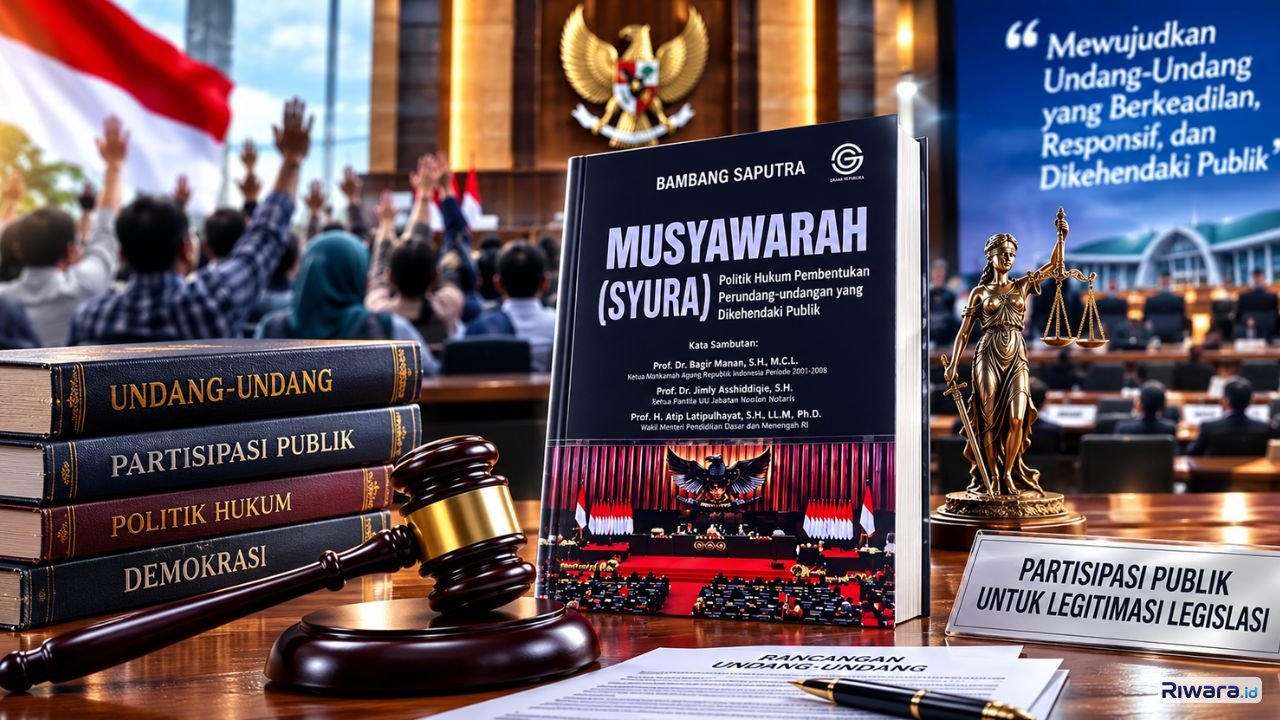 Ilustrasi pembentukan peraturan perundang-undangan berbasis partisipasi publik dengan buku Musyawarah Syura karya Prof Dr Bambang Saputra sebagai simbol penguatan legitimasi dalam politik hukum Indonesia